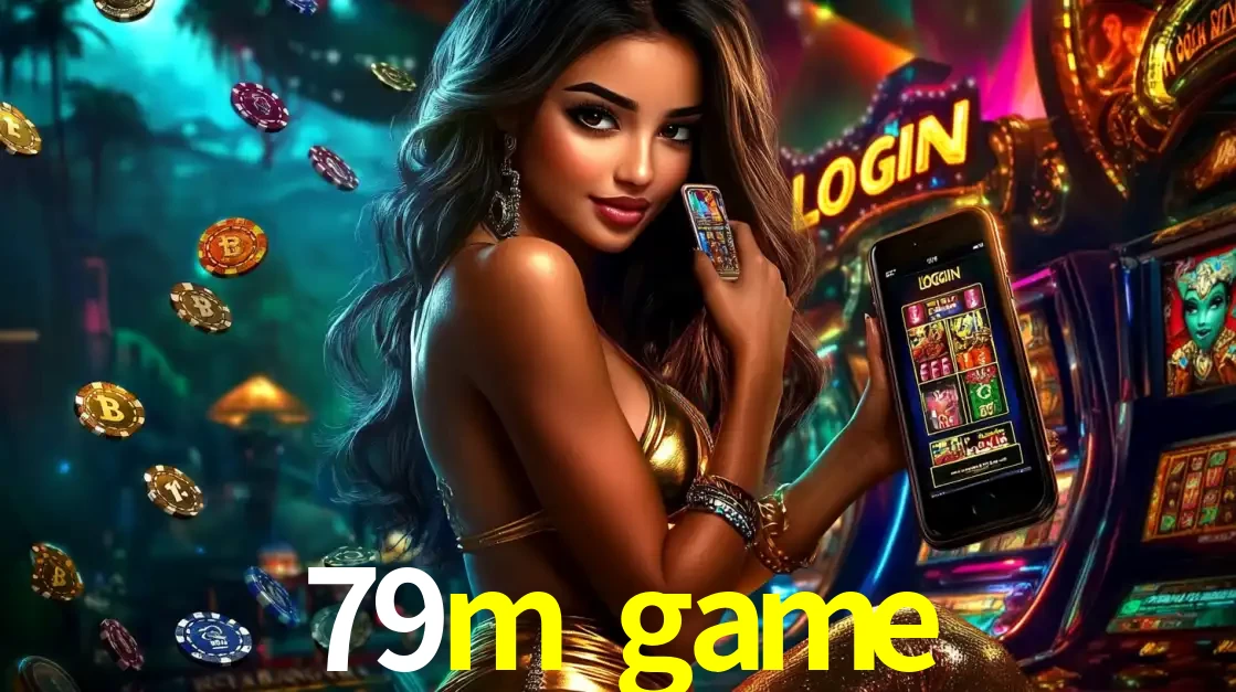 Mulher em um cenário de cassino temático de aventura, mostrando o app de caça-níqueis da 79m game no celular. Fichas de apostas flutuam ao redor.